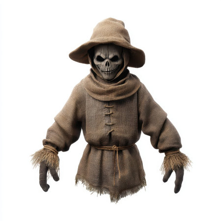This unique scarecrow figure showcases a skull mask and tattered cloth, creating a chilling and captivating look perfect for Halloween themes and decor.の素材