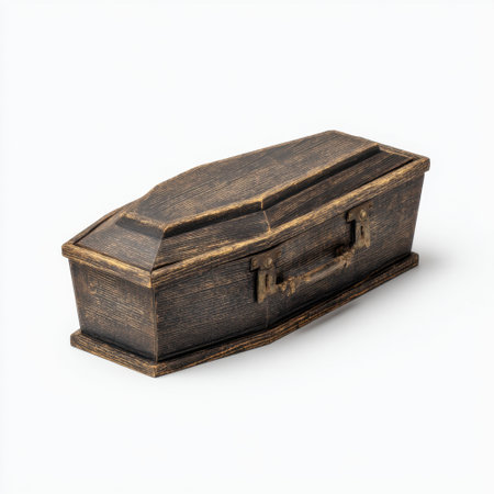 A detailed vintage wooden coffin ideal for Halloween decorations, spooky events, and creating an eerie atmosphere with a rustic antique charm suitable for various occasions.の素材