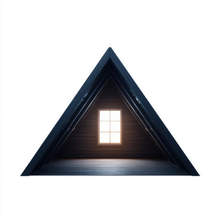 This artistic interior features a triangular structure with wooden beams and a glowing window, creating a warm and inviting atmosphere while emphasizing modern design aesthetics.の素材