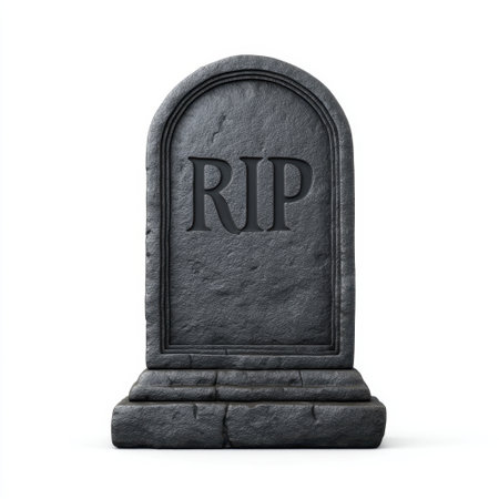 A black tombstone featuring an engraved RIP inscription, representing themes of death, remembrance, and the eternal rest found in cemeteries and memorials.の素材