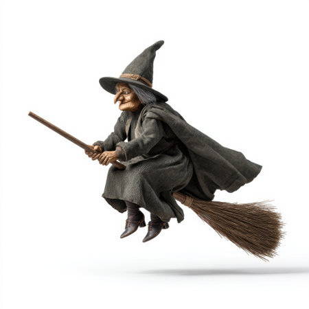 Discover a whimsical witch figurine with a playful expression on a broomstick. This charming character adds a touch of magic and nostalgia to any decor.の素材