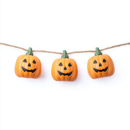 This image features three cheerful pumpkin decorations on a twine string, ideal for festive Halloween themes and seasonal gatherings. Bright colors enhance the autumn vibe.の素材