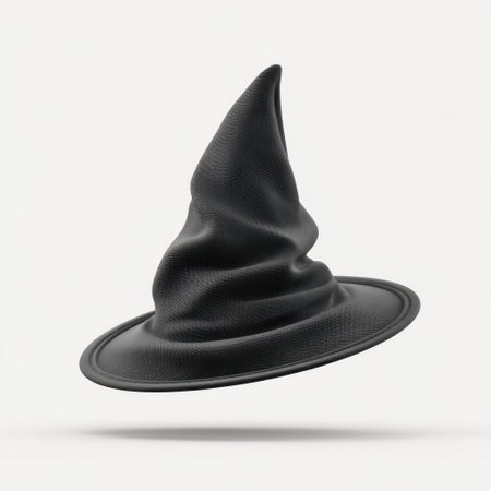 This image showcases a black witch's hat, suspended against a neutral backdrop, highlighting its unique texture and shape, perfect for Halloween or fantasy-themed projects.の素材