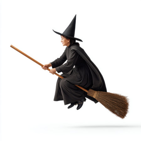 A woman dressed in a traditional black witch costume flies on a broomstick, embracing the Halloween spirit. This enchanting image evokes a sense of magic and celebration.の素材