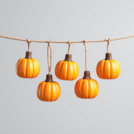 Brightly colored pumpkins strung together create a charming autumn display perfect for seasonal festivities, Halloween themes, and warm home decor ideas.の素材