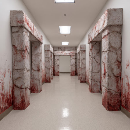 This striking photo captures a haunting hallway featuring stone pillars and unsettling blood stains, creating a chilling atmosphere perfect for horror-themed projects.の素材