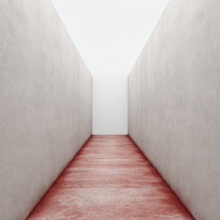This image features a minimalistic corridor with white walls and a striking red floor, highlighting simplicity and depth in modern architecture design.の素材