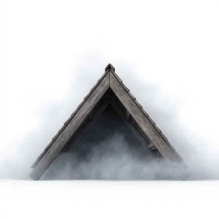 A captivating wooden triangular roof appears through a veil of fog, offering a serene and mystical atmosphere, perfect for nature-inspired design projects.の素材