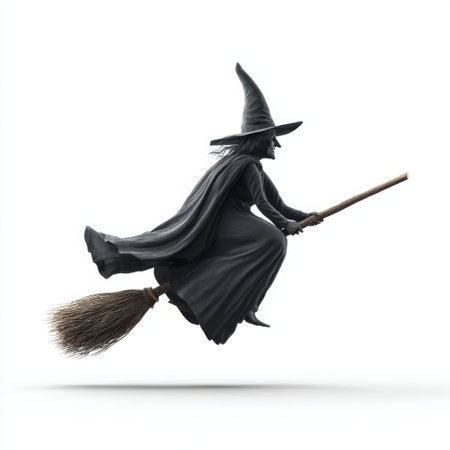 A captivating silhouette of a witch soaring on a broomstick against a stark white background. Perfect for Halloween themes, fantasy art, and magical storytelling.の素材