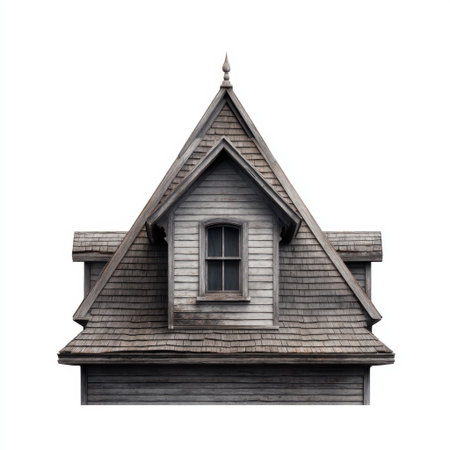 A charming rustic house exterior displaying a gable roof and a dormer window. The weathered wood adds character, perfect for architectural and design inspiration.の素材