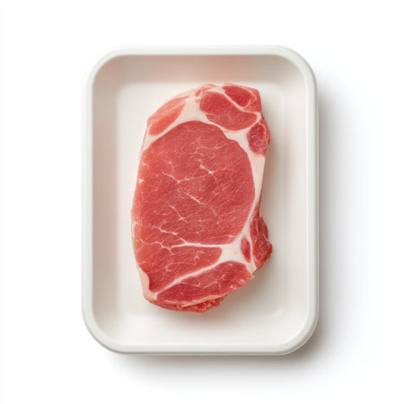 A fresh raw pork chop displayed in a clean white tray, ideal for cooking or grilling. The image emphasizes quality meat with natural marbling and vibrant color.の素材