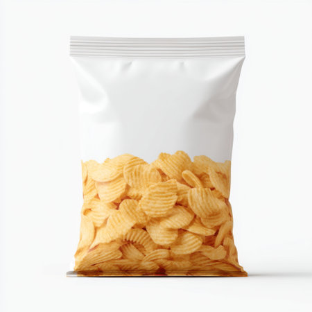 A clean white snack bag filled with crisp potato chips displays modern simplicity, perfect for showcasing delicious snacks and promoting casual enjoyment during gatherings.の素材