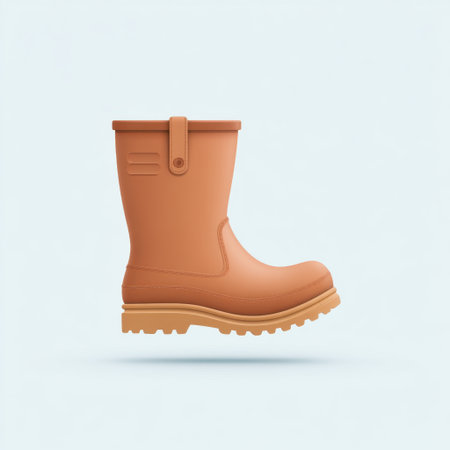 A vibrant orange rubber boot designed for outdoor activities, showcasing a modern aesthetic with a thick sole and side strap, perfect for kids or adults.の素材