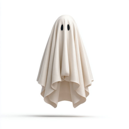 A charming illustration of a friendly ghost character wrapped in a classic white sheet, perfect for Halloween-themed projects and playful decorations.の素材