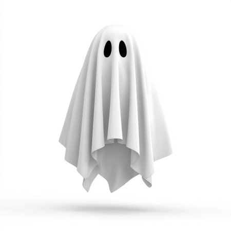 A charming ghost figure draped in white, playfully floating in the air, ideal for Halloween themed projects, decorations, and children's illustrations, adding a whimsical touch.の素材