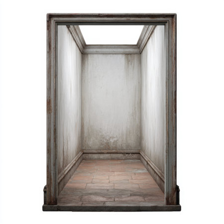 This image features an empty room with plain walls and textured flooring. Natural light pours in from above, creating a minimalistic space ideal for artistic interpretations.の素材