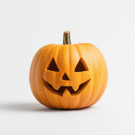 A vibrant orange pumpkin with a classic Halloween face carving, set against a minimalistic white background. Perfect for autumn and festive decoration ideas.の素材