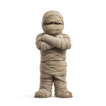 This adorable mummy character stands confidently with arms crossed, embodying a playful spirit perfect for Halloween-related projects or kids' illustrations.の素材
