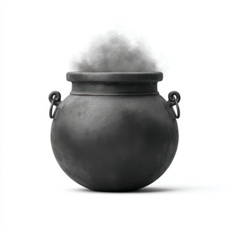 A black cauldron rises from an eerie background, releasing wisps of smoke, ideal for evoking mystical elements in art or decoration for various themes.の素材