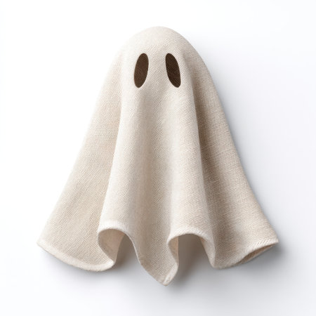 A soft white blanket styled as a playful ghost, perfect for Halloween decorations. This unique piece adds charm and fun to any seasonal home decor ambiance.の素材