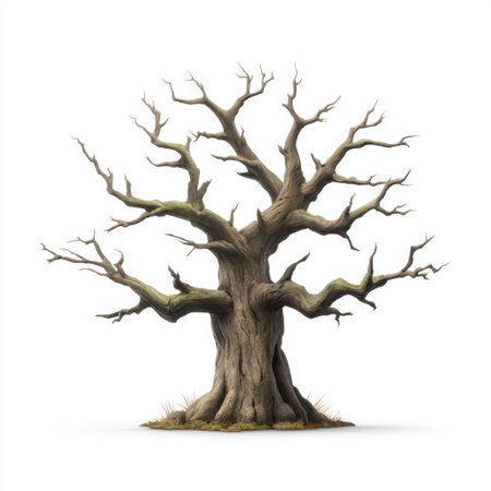 This illustration features a gnarled tree with distinct twisting branches and moss, symbolizing resilience and the beauty of nature's aging process in art.の素材