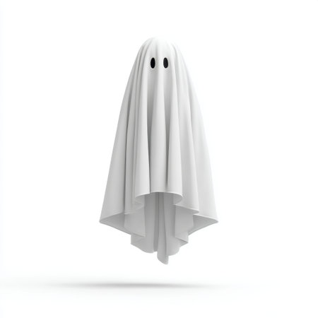A whimsical white ghost gracefully floating against a clean background, ideal for Halloween themes, playful designs, and creative illustrations filled with charm and simplicity.の素材