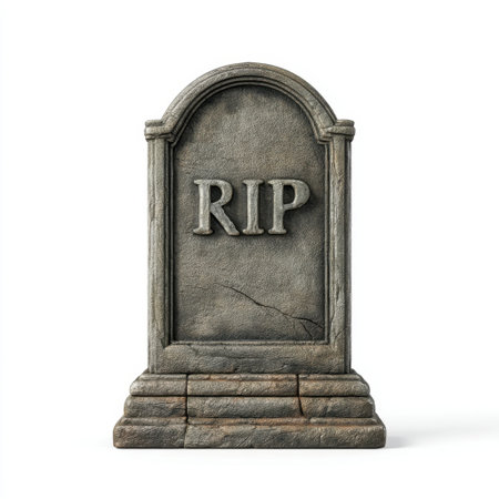 This aged gray tombstone features a prominent RIP inscription, perfect for capturing themes of remembrance, history, and the eerie essence of Halloween.の素材