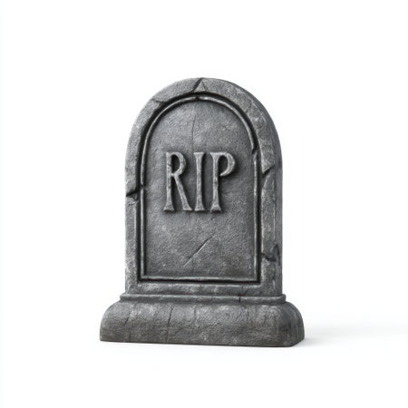 A classic gravestone featuring a detailed RIP inscription, ideal for Halloween and spooky decorations. Perfect for creating an eerie atmosphere or enhancing haunted themes.の素材