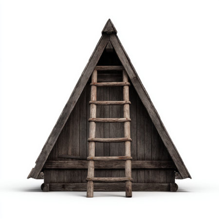 A charming rustic wooden A-frame structure with a ladder, ideal for outdoor settings. This design emphasizes simplicity, craftsmanship, and natural beauty.の素材