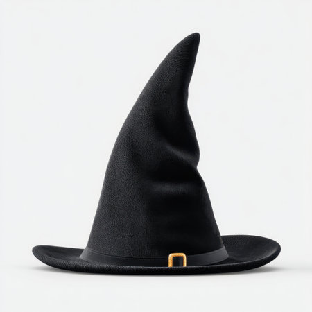 A striking black witch hat featuring a tall, pointed design perfect for Halloween, costume parties, magic events, or cultural celebrations that embrace the mystical.の素材