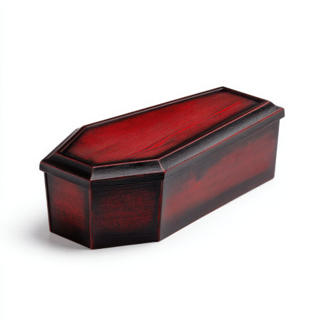 This striking wooden coffin features a rich red and black finish, perfect for artistic expressions, thematic decorations, or as a unique conversation starter.の素材