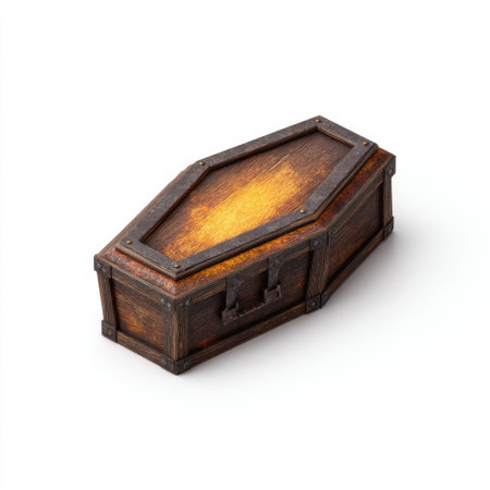 This vintage wooden coffin box showcases intricate details with a rustic finish, ideal for themed events, artistic projects, or unique storage solutions.の素材