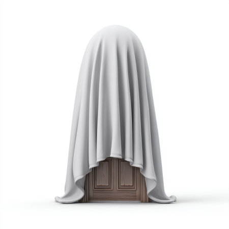 A captivating scene featuring a mysterious figure shrouded in white cloth located behind a closed door, evoking feelings of fear and intrigue in minimalistic style.の素材