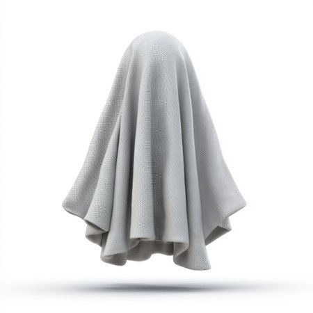 This image features a ghostly figure covered in gray fabric, creating a mysterious and artistic representation. Ideal for creative projects and conceptual designs.の素材