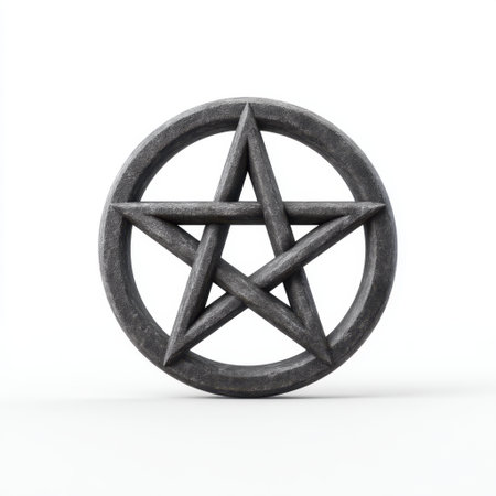This image features a minimalist black wooden pentagram symbol encased in a circle, set against a stark white background, evoking themes of mysticism and spirituality.の素材