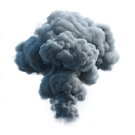 This image features a dramatic gray smoke cloud explosion, showcasing billowing shapes against a clean white background, ideal for artistic and design projects.の素材