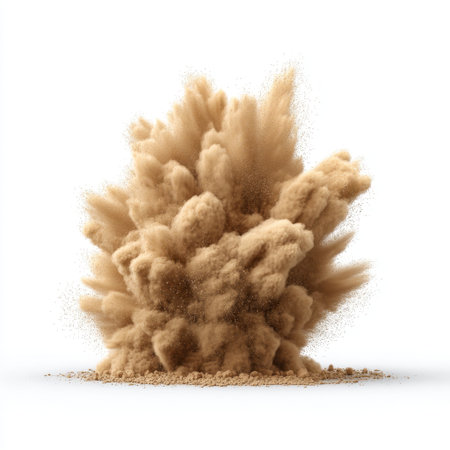 A captivating image of a dramatic tan dust explosion, showcasing particles rising vigorously against a white backdrop. This dynamic scene highlights energy and movement.の素材