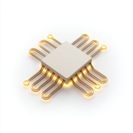 This image features a high-tech microchip surrounded by glowing connections, perfect for themes related to technology, innovation, electronics, and digital design.の素材