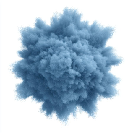 A stunning blue powder explosion forms a soft, fluffy cloud against a white background, ideal for abstract designs and creative projects that seek dynamic visuals.の素材