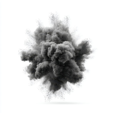 A captivating black smoke explosion creates a dynamic effect against a clean white background, perfect for artistic projects and creative designs.の素材