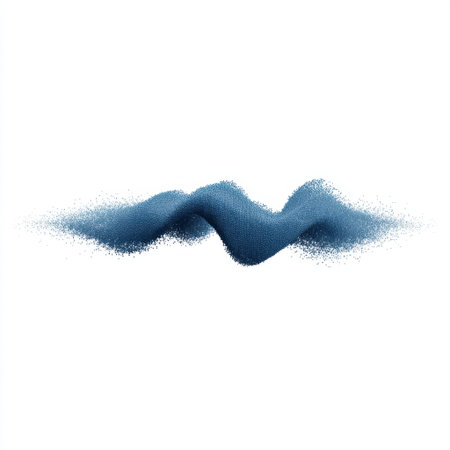 A captivating abstract wave formed by blue particles showcases a dynamic flow against a clean white background, perfect for various artistic and design projects.の素材