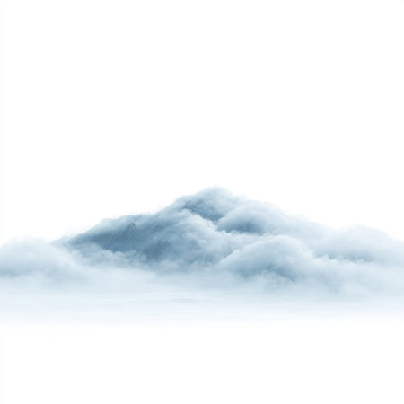 A tranquil landscape featuring soft blue clouds and gentle mist hovering over abstract rolling hills, creating a serene atmosphere perfect for peaceful backgrounds.の素材