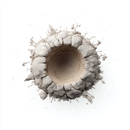 This abstract image features a cracked earth bowl effect with a dynamic splash, set against a clean white background, perfect for creative and artistic projects.の素材