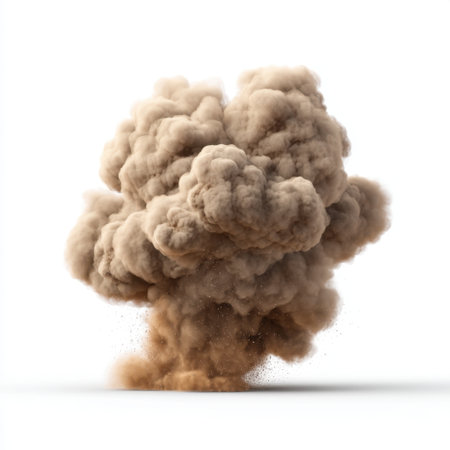 A stunning image of a brown dust cloud explosion, showcasing dynamic particles dispersing dramatically against a clean white background, perfect for creative projects.の素材