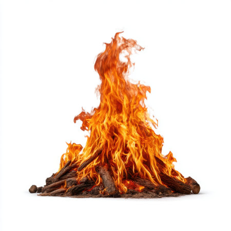 A captivating image of an intense flame rising from a carefully arranged pile of logs, embodying warmth and energy, ideal for nature, adventure, and outdoor themes.の素材