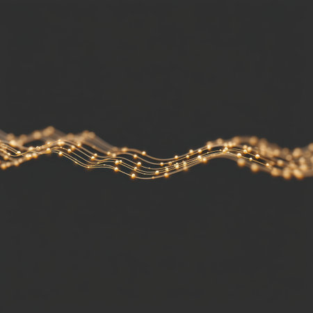 An elegant abstract design featuring a golden wave of light particles and smooth curves, perfect for creative projects, backgrounds, or modern visual art uses.の素材