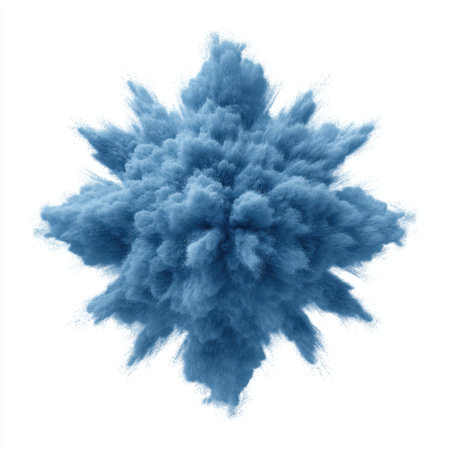 A unique blue powder explosion forms a stunning cloud shape against a clean white background, perfect for artistic designs and creative projects requiring vibrant visuals.の素材