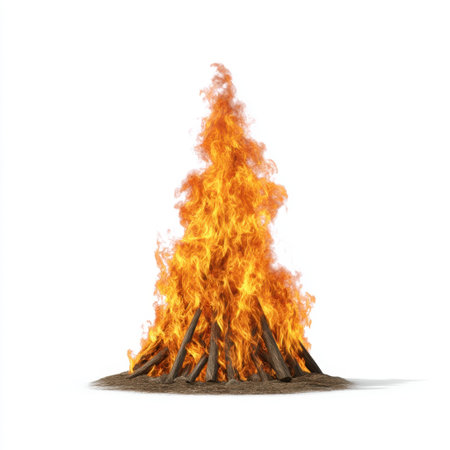 A lively campfire burns brightly with vibrant flames emerging from a carefully stacked wood pile, ideal for representing outdoor adventures and warmth in creative designs.の素材