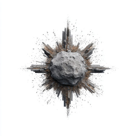 Surreal illustration of a rock fragment surrounded by explosive debris, creating a dynamic impact scene. This abstract artwork adds a unique touch to any creative project.の素材