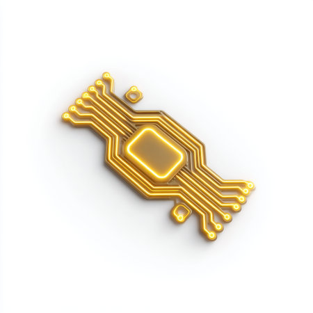 An abstract depiction of a golden circuit board featuring complex paths and connections, symbolizing the essence of modern technology and electronic innovation.の素材